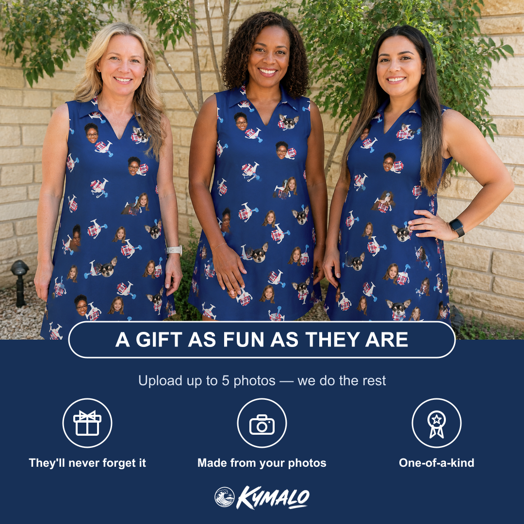 Friends in matching Women's Reel Rapture Custom Face V-Neck Dress — a group gift photo