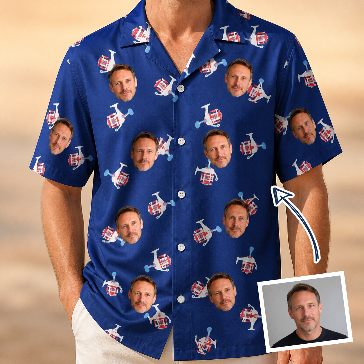 Man wearing Men's Reel Rapture Custom Face Hawaiian Shirt — custom faces printed all-over