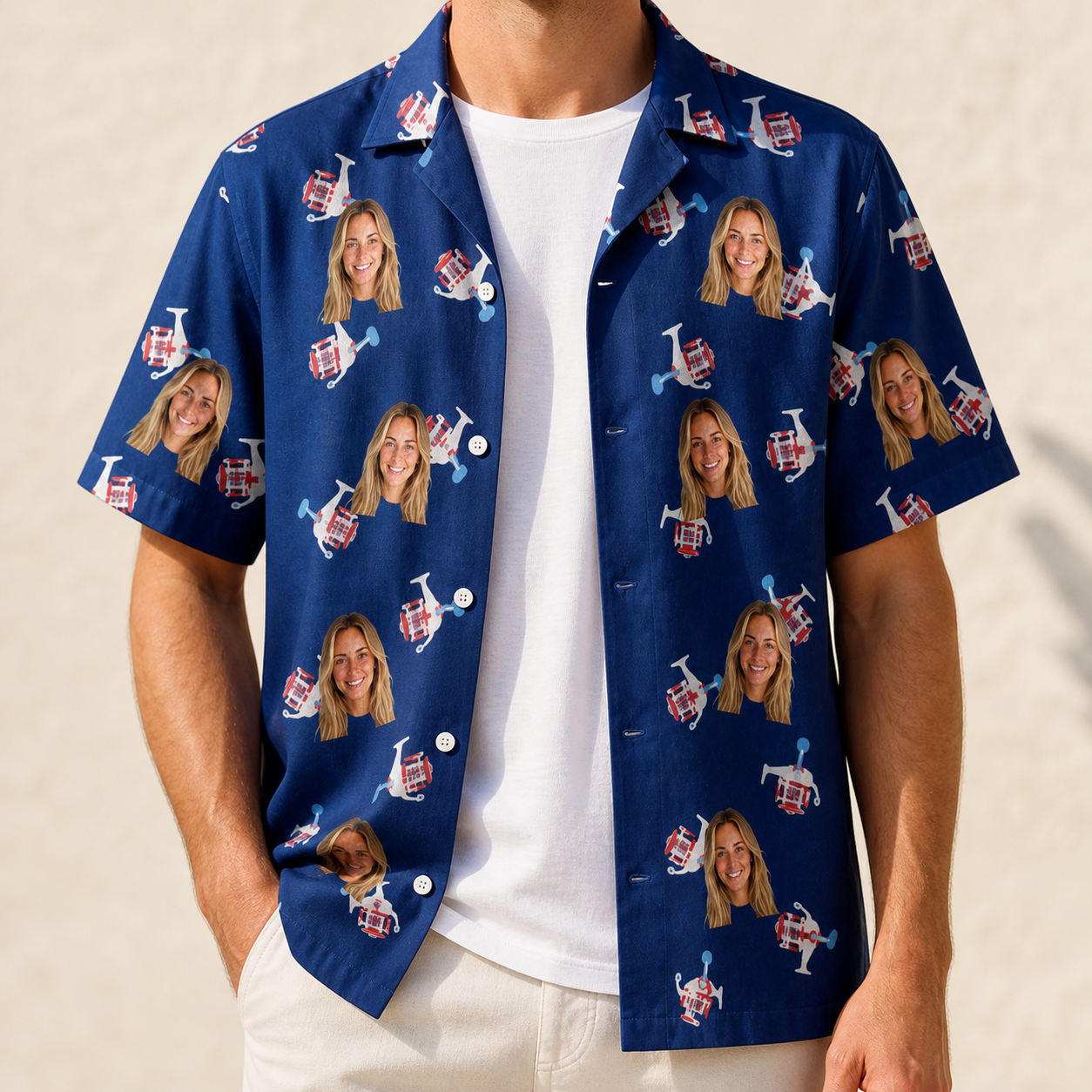 Man wearing Men's Reel Rapture Custom Face Hawaiian Shirt open over a white tee