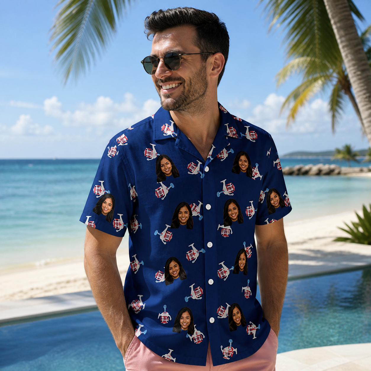 Real-life photo of someone wearing Men's Reel Rapture Custom Face Hawaiian Shirt — custom faces printed all-over