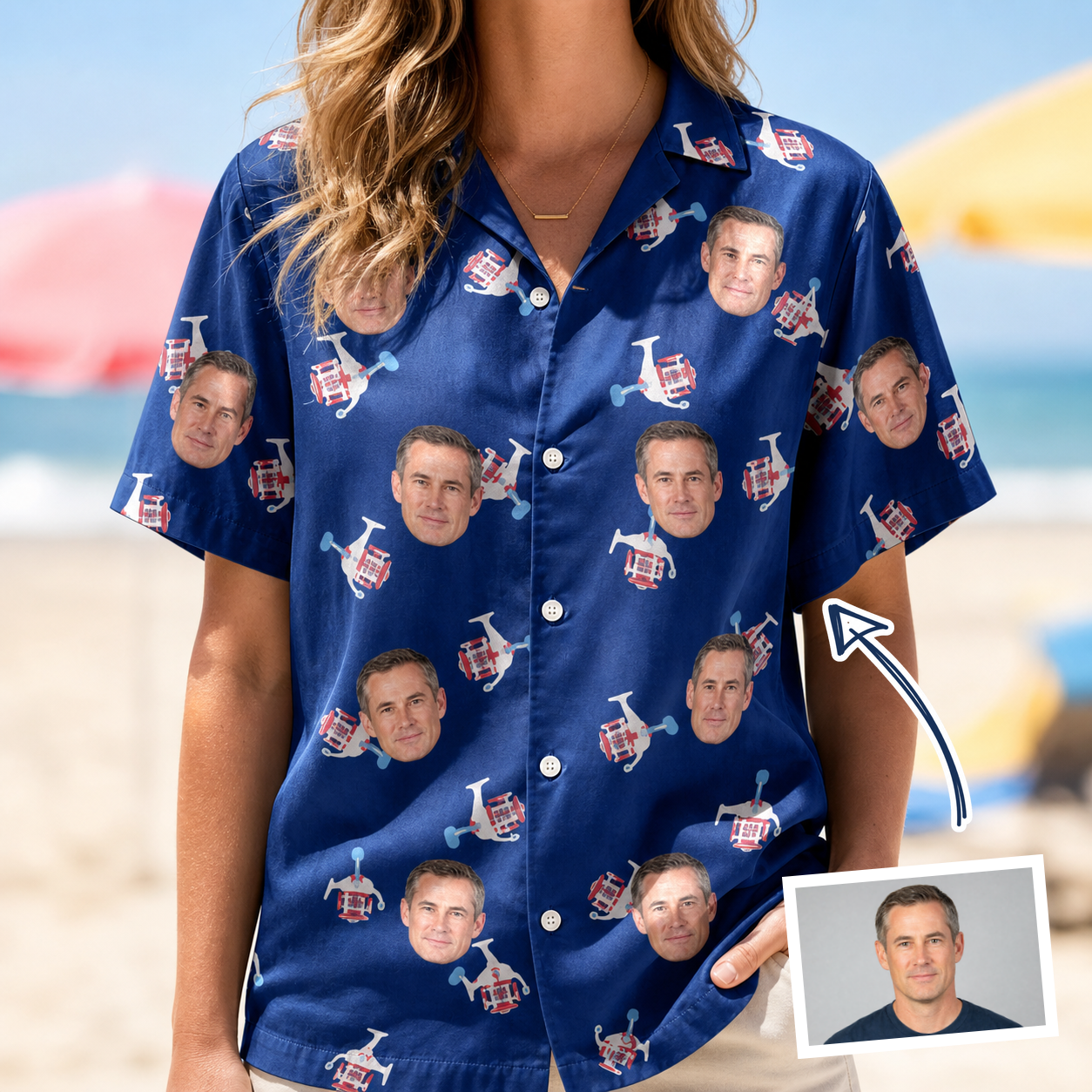 Woman wearing Women's Reel Rapture Custom Face Hawaiian Shirt — custom faces printed all-over