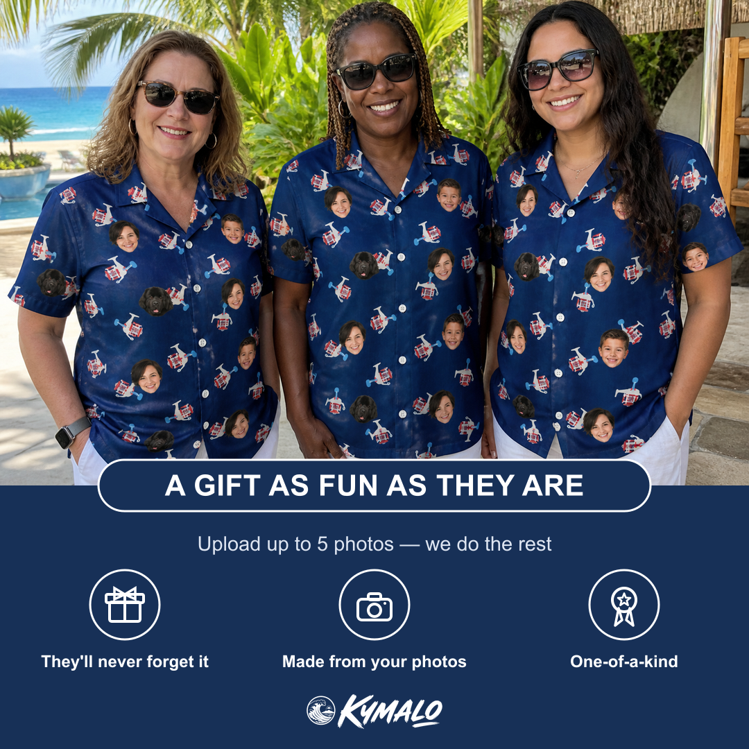 Friends in matching Women's Reel Rapture Custom Face Hawaiian Shirt — a group gift photo