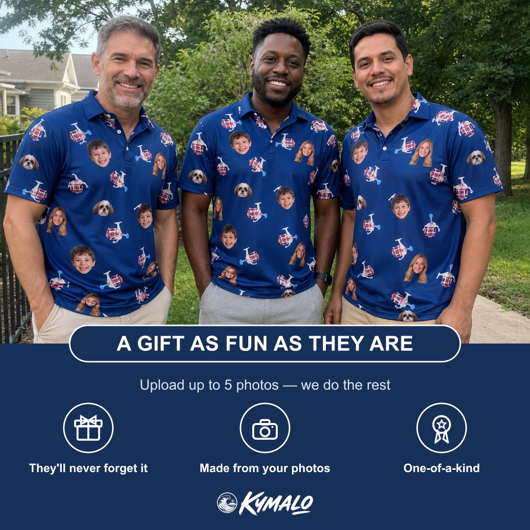 Friends in matching Men's Reel Rapture Custom Face Polo Shirt — a group gift photo