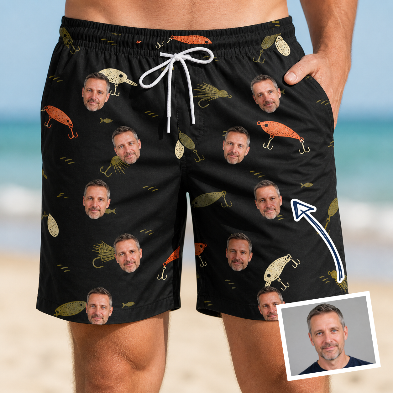Man wearing Men's Tackle Tangle Custom Face Beach Shorts — custom faces printed all-over
