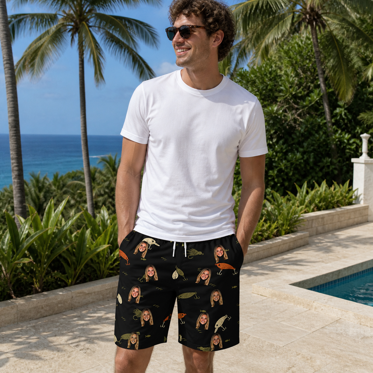 Real-life photo of someone wearing Men's Tackle Tangle Custom Face Beach Shorts — custom faces printed all-over