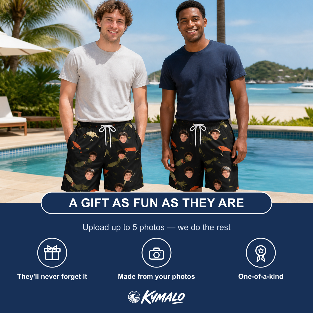 Friends in matching Men's Tackle Tangle Custom Face Beach Shorts — a group gift photo