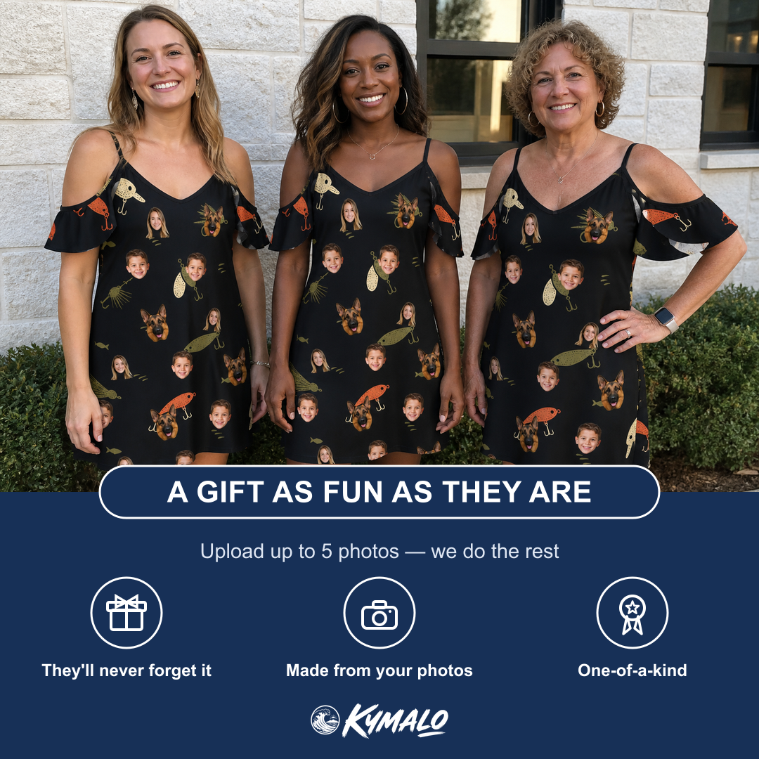 Friends in matching Women's Tackle Tangle Custom Face Off-Shoulder Dress — a group gift photo