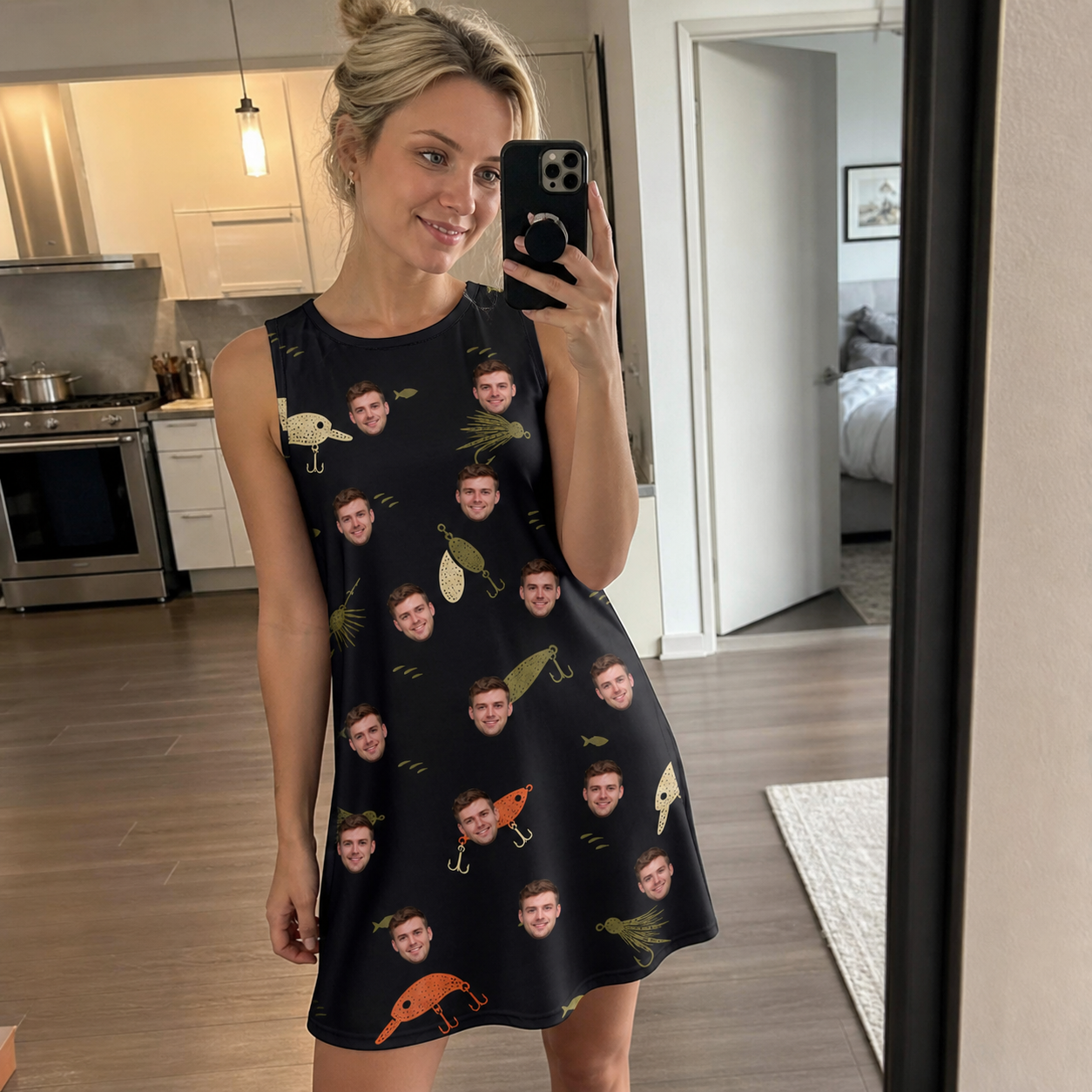 Real-life photo of someone wearing Women's Tackle Tangle Custom Face Tank Dress — custom faces printed all-over
