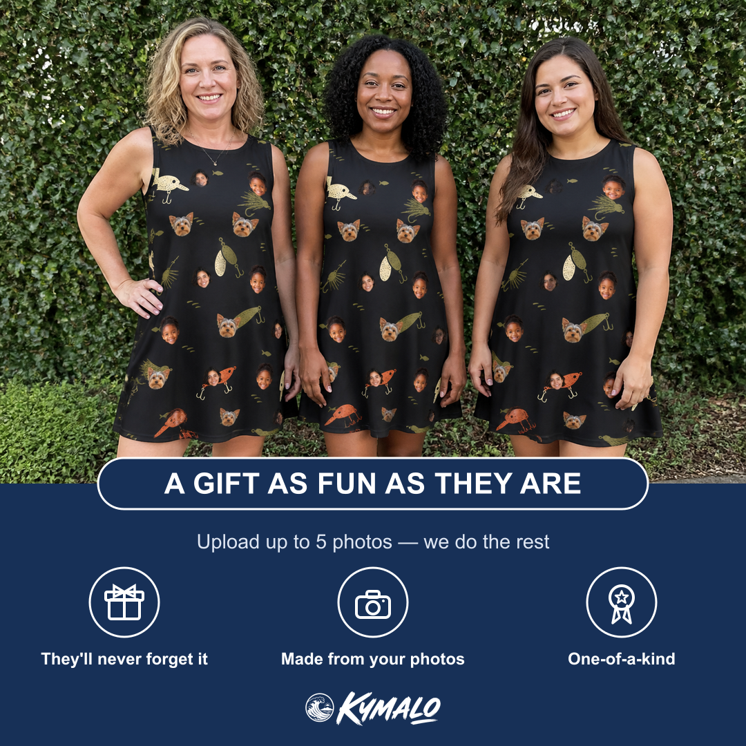 Friends in matching Women's Tackle Tangle Custom Face Tank Dress — a group gift photo