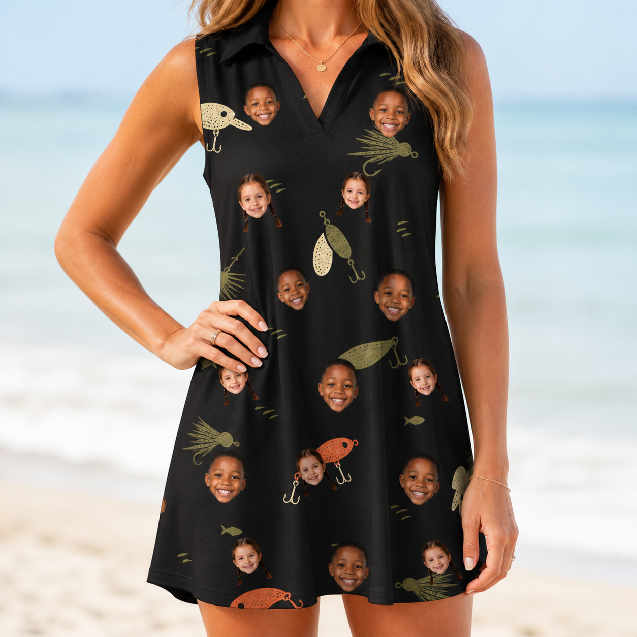 Model wearing Women's Tackle Tangle Custom Face V-Neck Dress printed with kids' faces