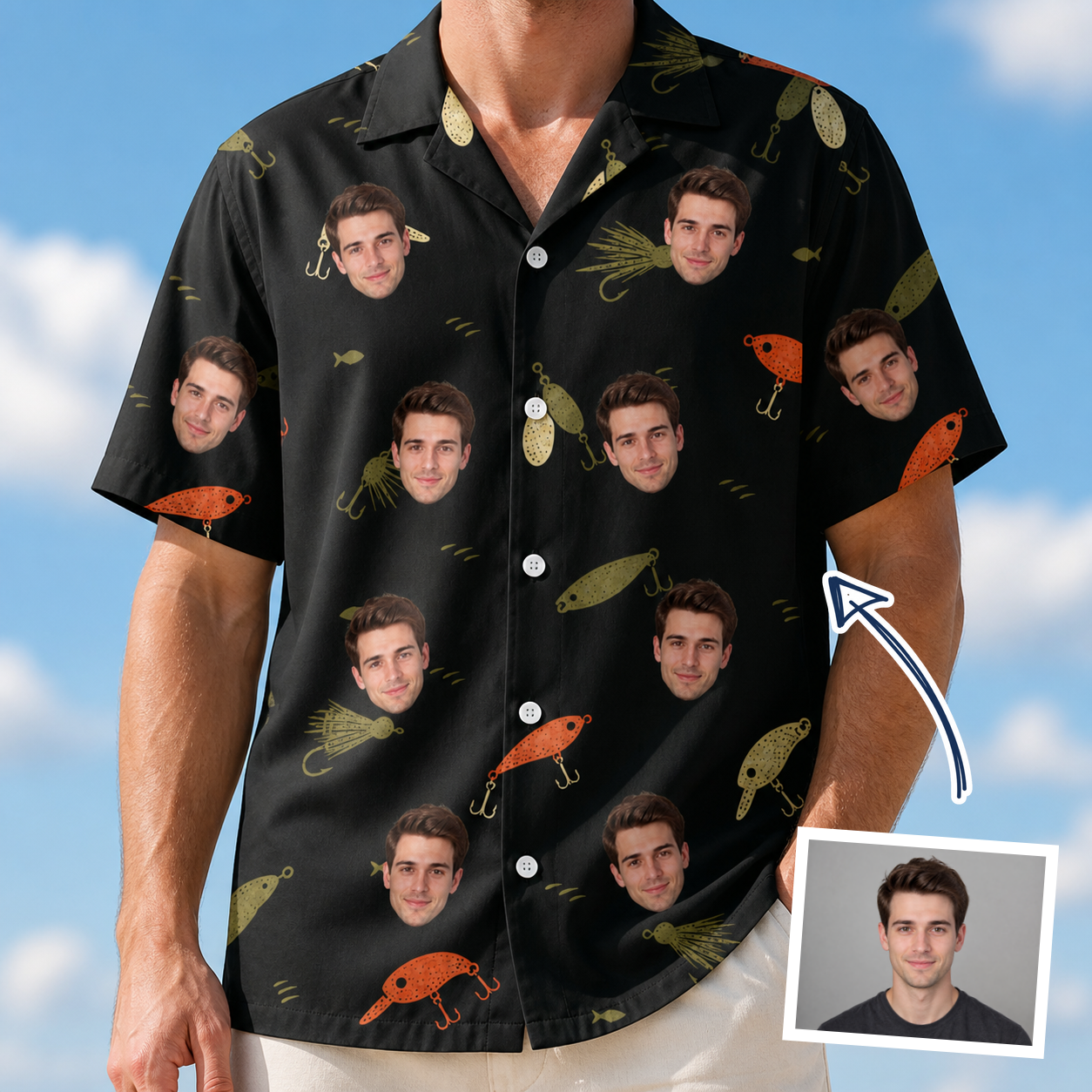 Man wearing Men's Tackle Tangle Custom Face Hawaiian Shirt — custom faces printed all-over