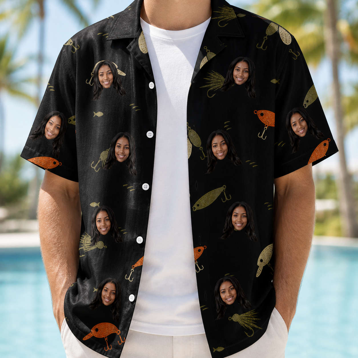 Man wearing Men's Tackle Tangle Custom Face Hawaiian Shirt open over a white tee