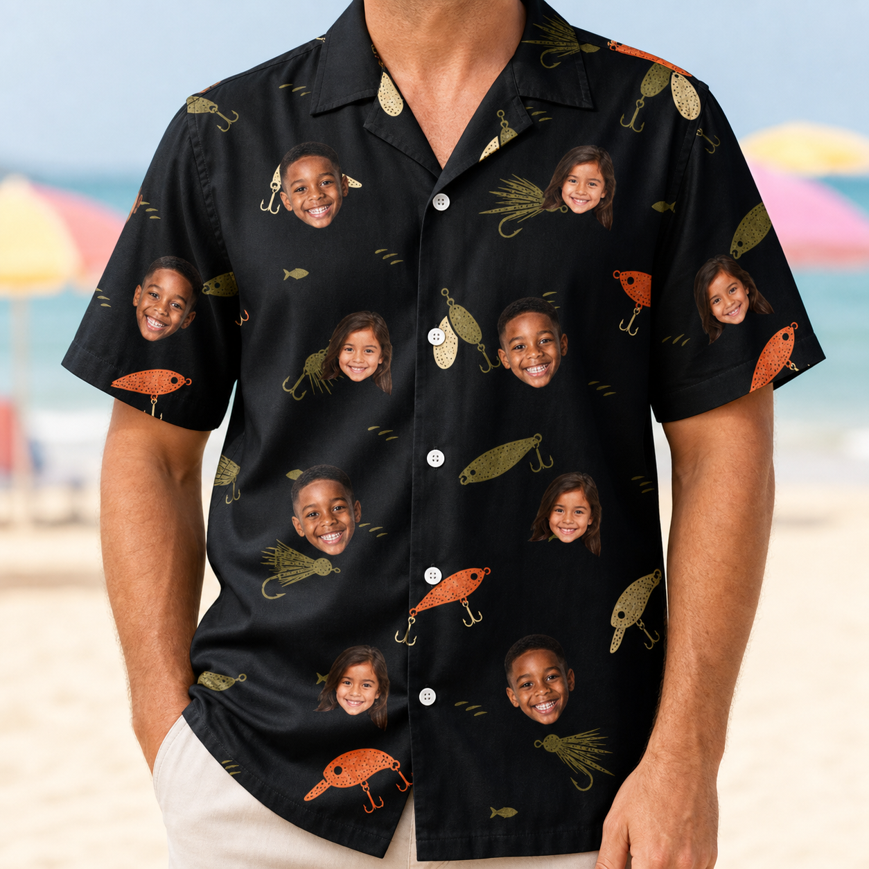 Model wearing Men's Tackle Tangle Custom Face Hawaiian Shirt printed with kids' faces