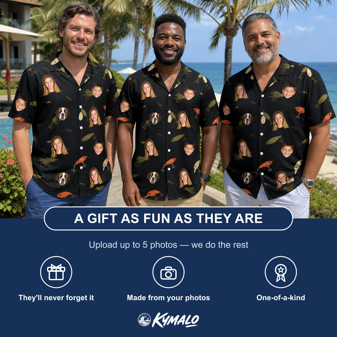 Friends in matching Men's Tackle Tangle Custom Face Hawaiian Shirt — a group gift photo