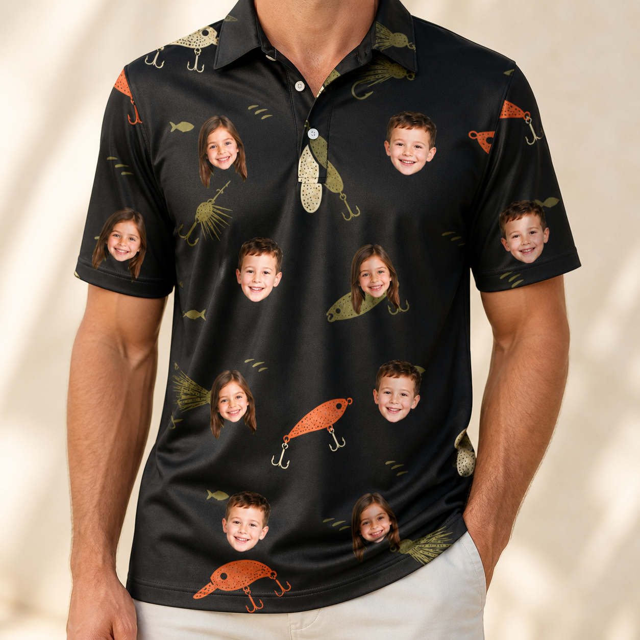 Model wearing Men's Tackle Tangle Custom Face Polo Shirt printed with kids' faces