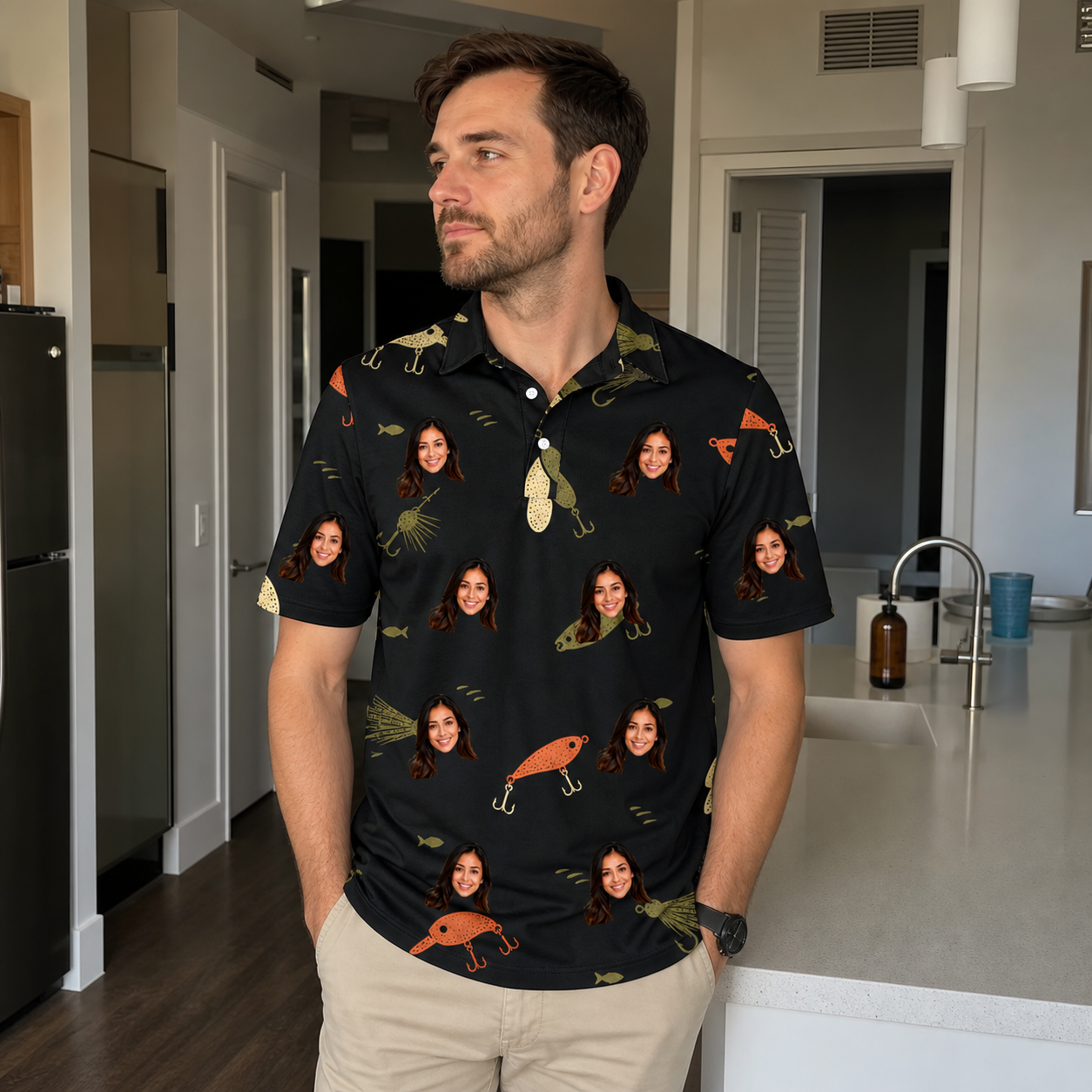 Real-life photo of someone wearing Men's Tackle Tangle Custom Face Polo Shirt — custom faces printed all-over