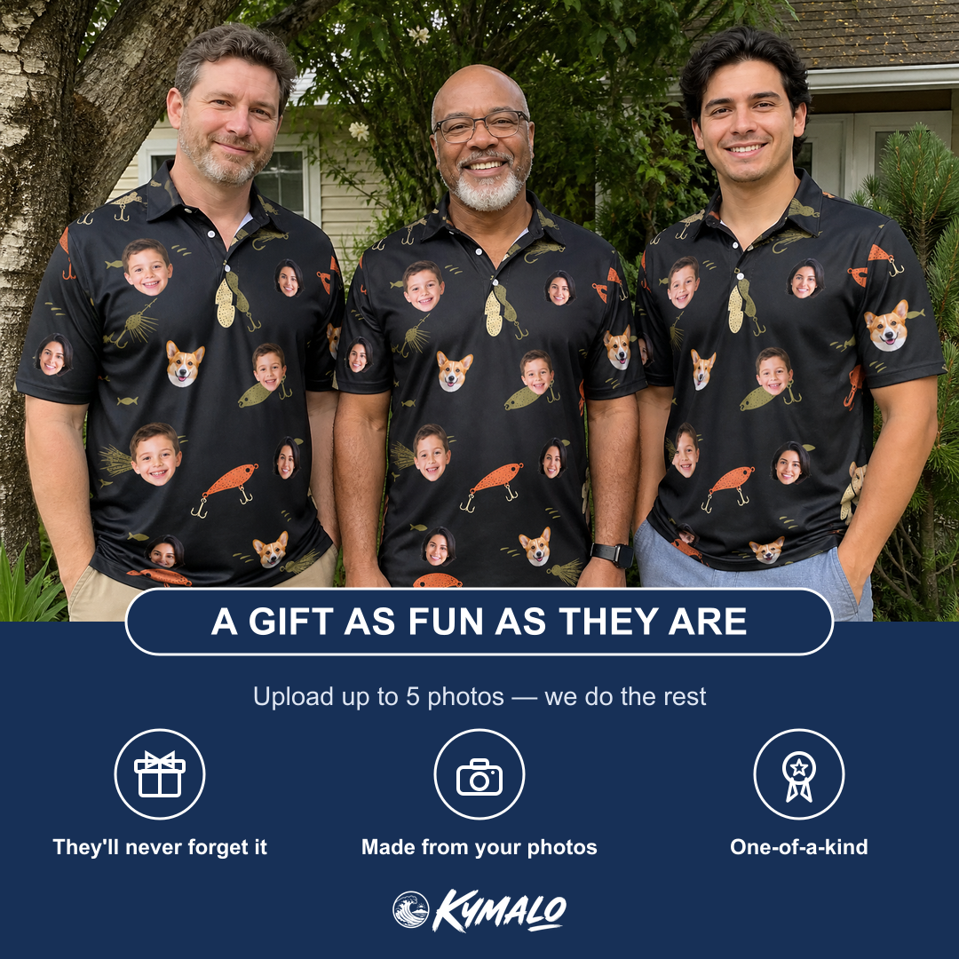 Friends in matching Men's Tackle Tangle Custom Face Polo Shirt — a group gift photo