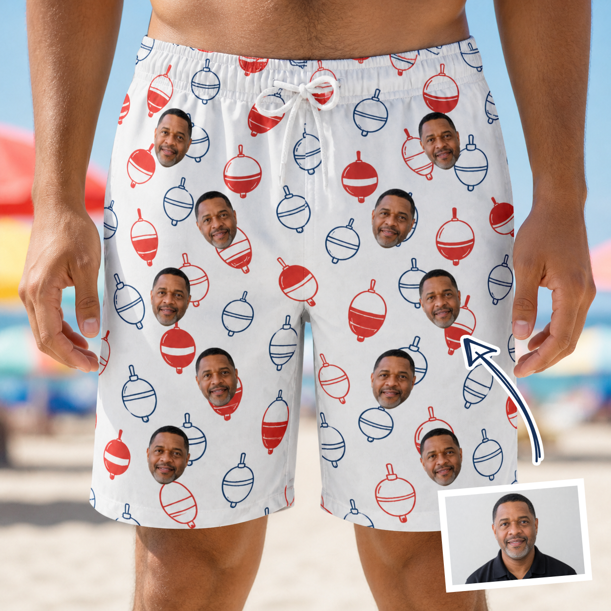 Man wearing Men's Bobber Bop Custom Face Beach Shorts — custom faces printed all-over