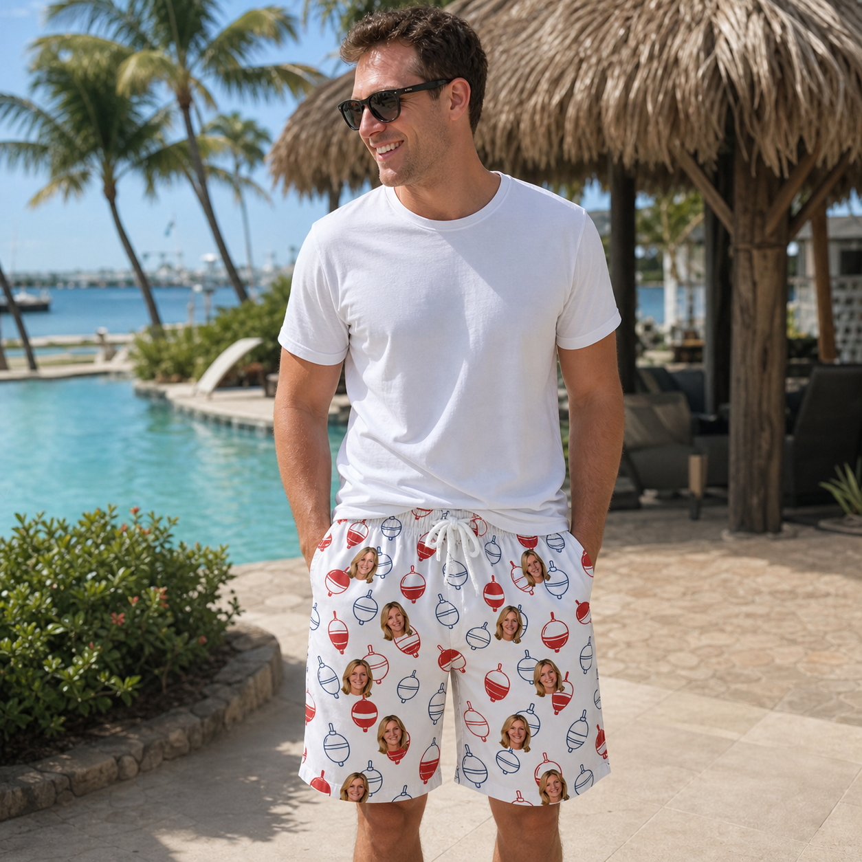Real-life photo of someone wearing Men's Bobber Bop Custom Face Beach Shorts — custom faces printed all-over