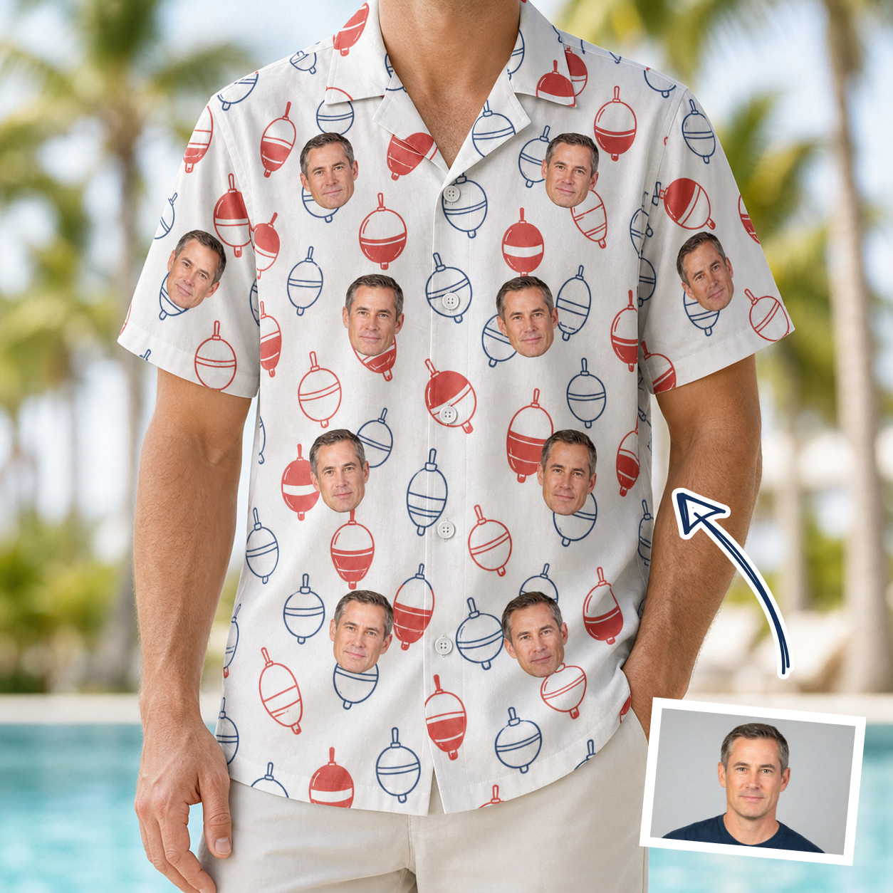 Man wearing Men's Bobber Bop Custom Face Hawaiian Shirt — custom faces printed all-over