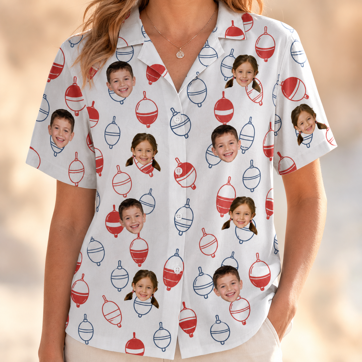 Model wearing Women's Bobber Bop Custom Face Hawaiian Shirt printed with kids' faces