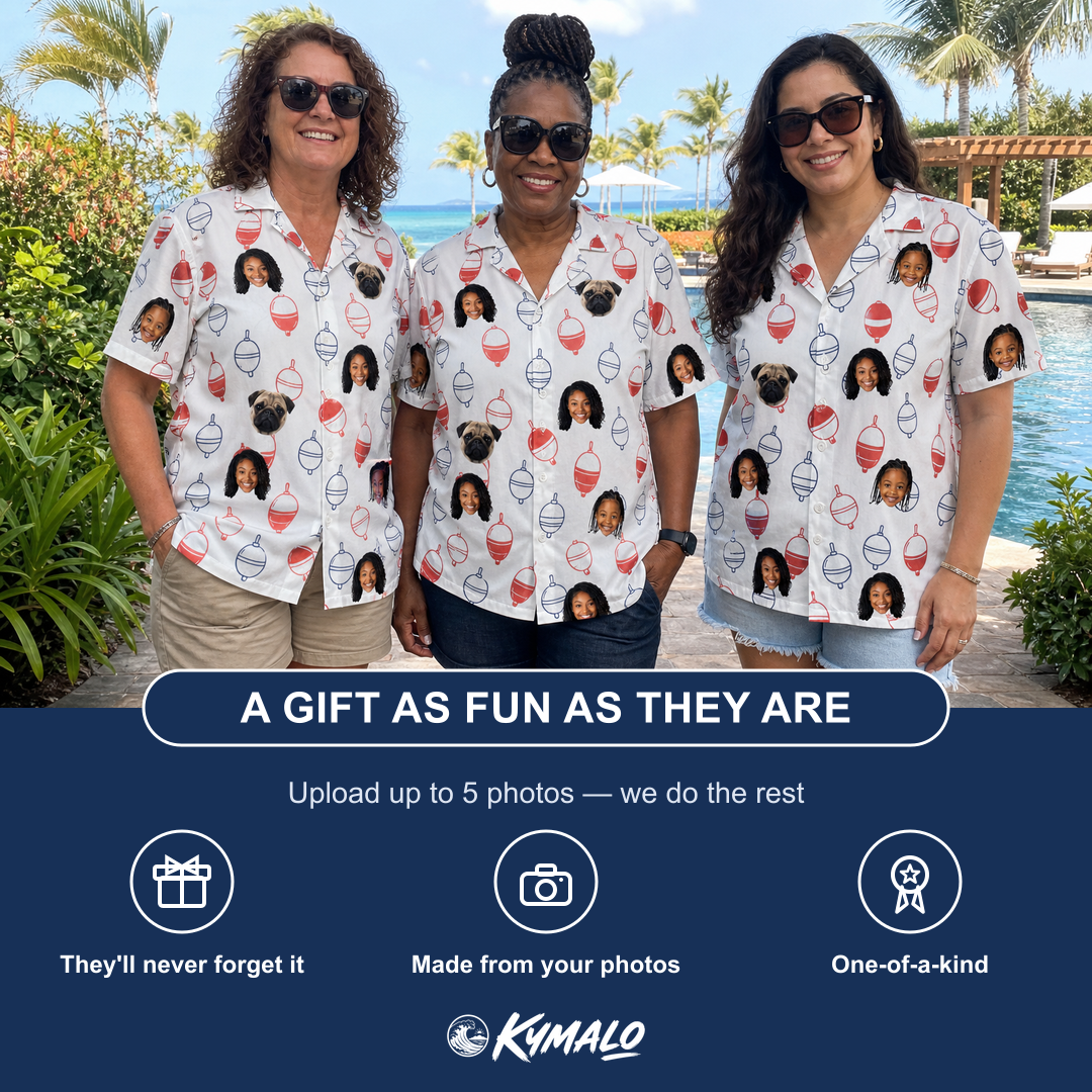 Friends in matching Women's Bobber Bop Custom Face Hawaiian Shirt — a group gift photo
