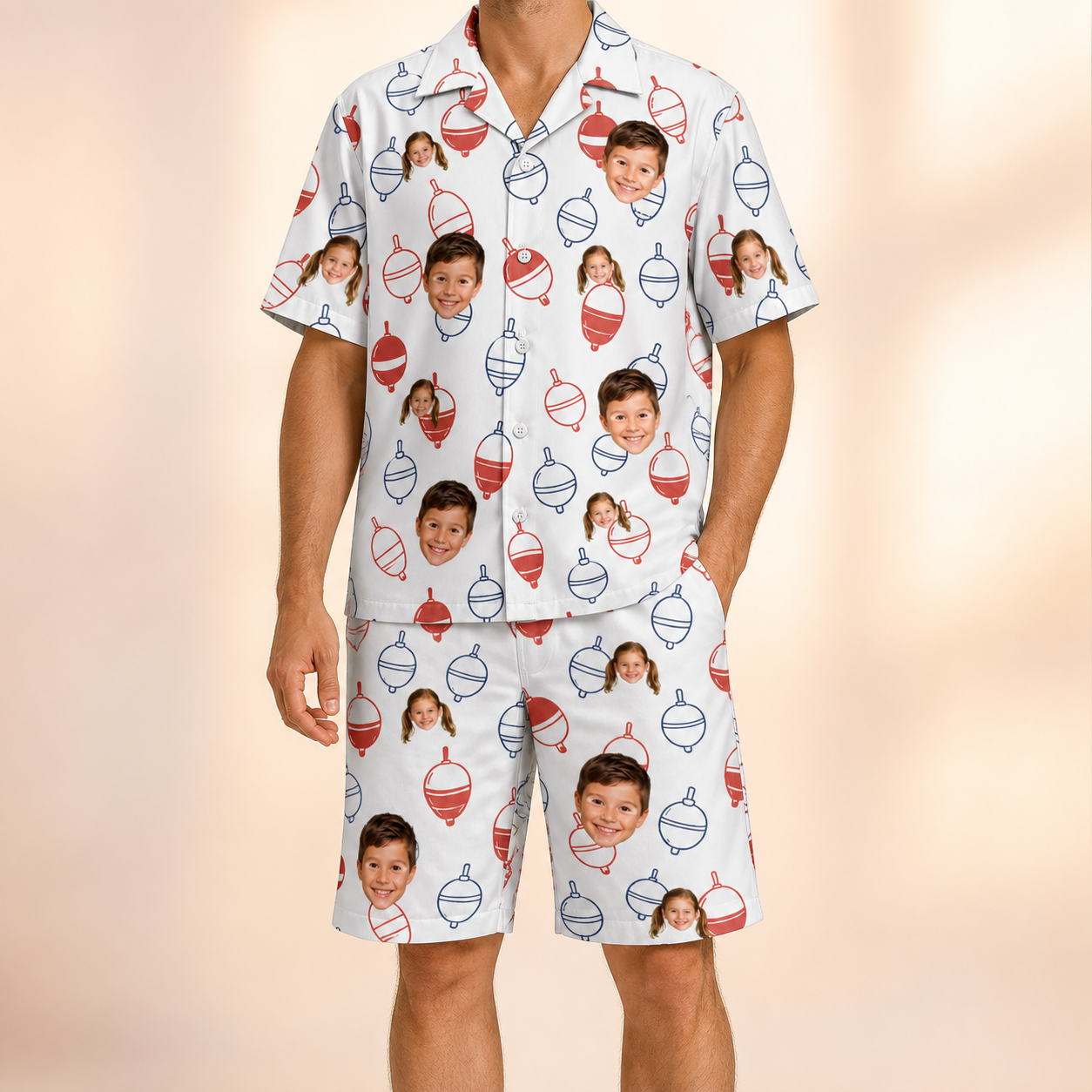 Model wearing Men's Bobber Bop Custom Face Shirt & Shorts Set printed with kids' faces
