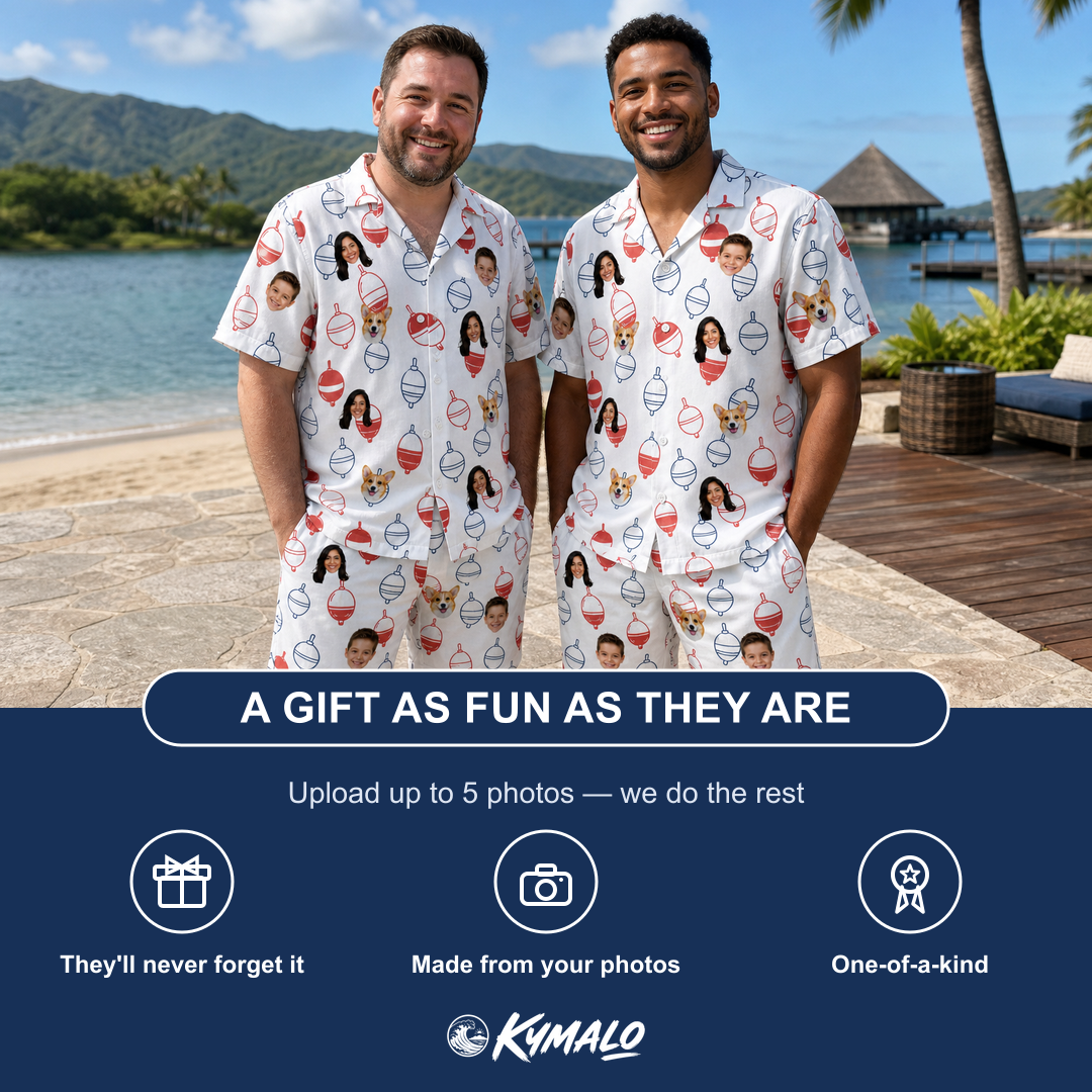 Friends in matching Men's Bobber Bop Custom Face Shirt & Shorts Set — a group gift photo