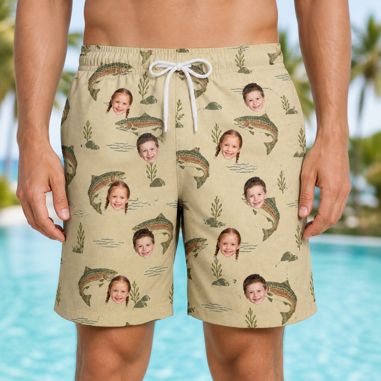 Model wearing Men's Trout About Custom Face Beach Shorts printed with kids' faces