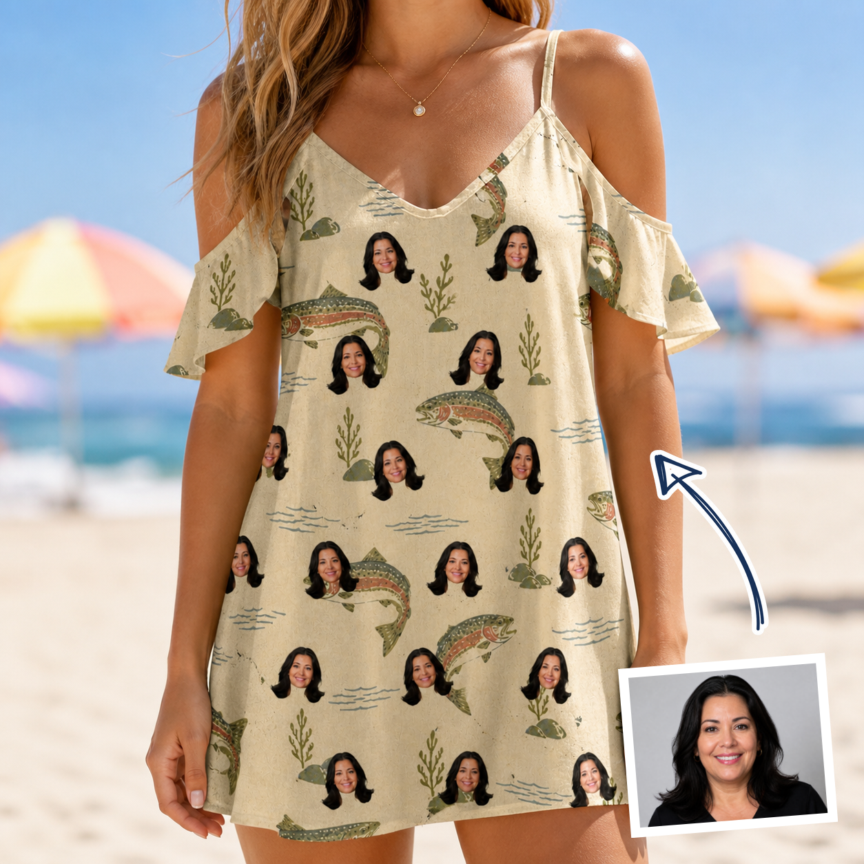 Woman wearing Women's Trout About Custom Face Off-Shoulder Dress — custom faces printed all-over