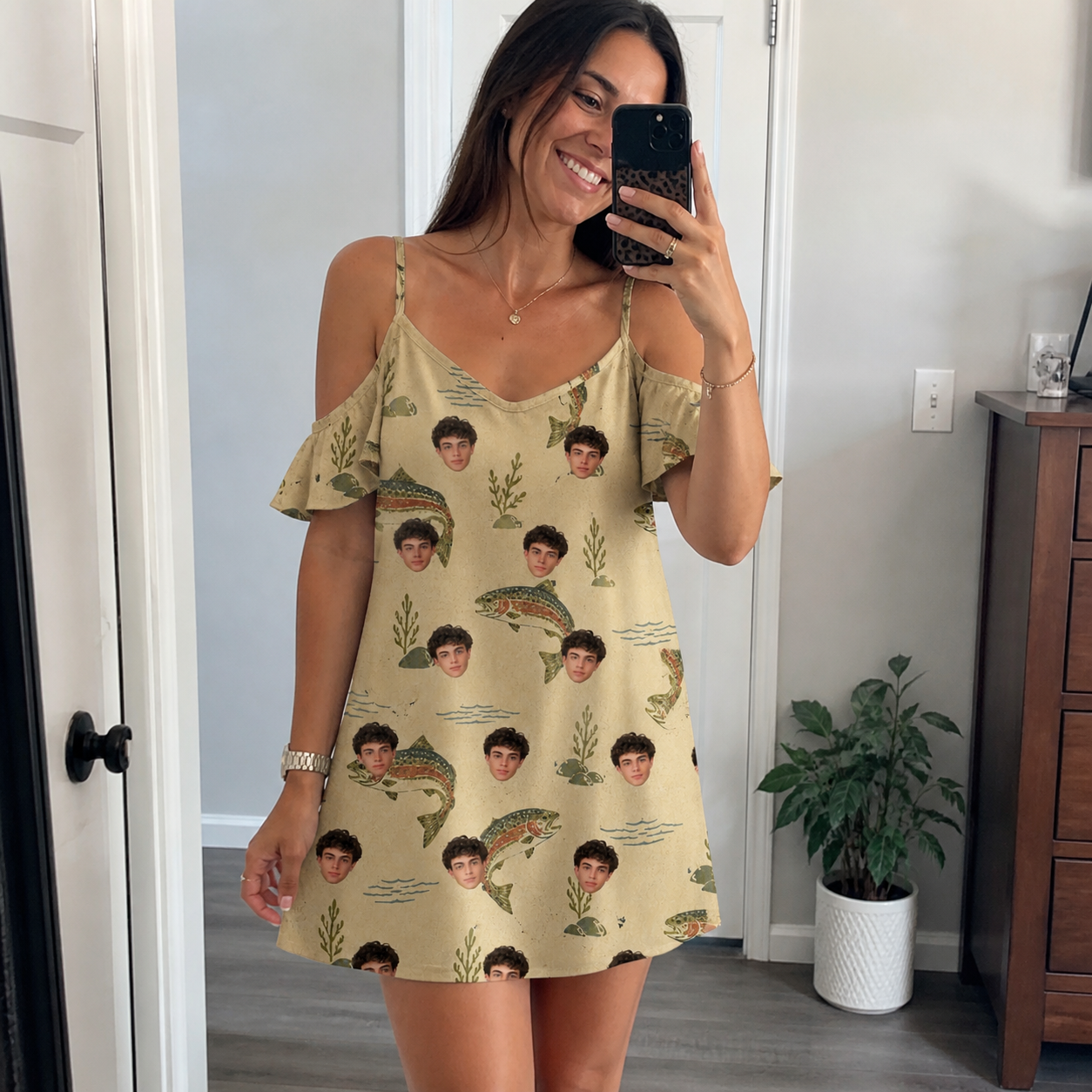 Real-life photo of someone wearing Women's Trout About Custom Face Off-Shoulder Dress — custom faces printed all-over