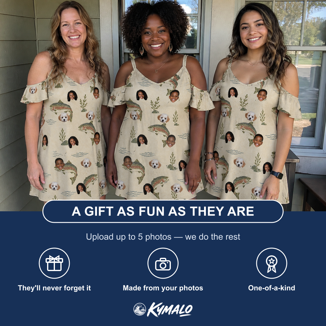Friends in matching Women's Trout About Custom Face Off-Shoulder Dress — a group gift photo
