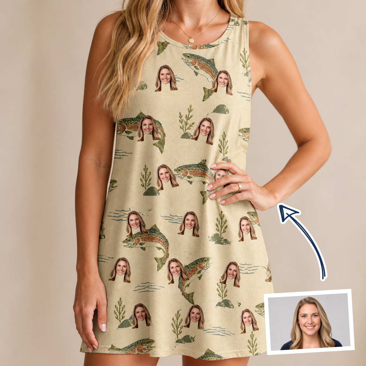 Woman wearing Women's Trout About Custom Face Tank Dress — custom faces printed all-over