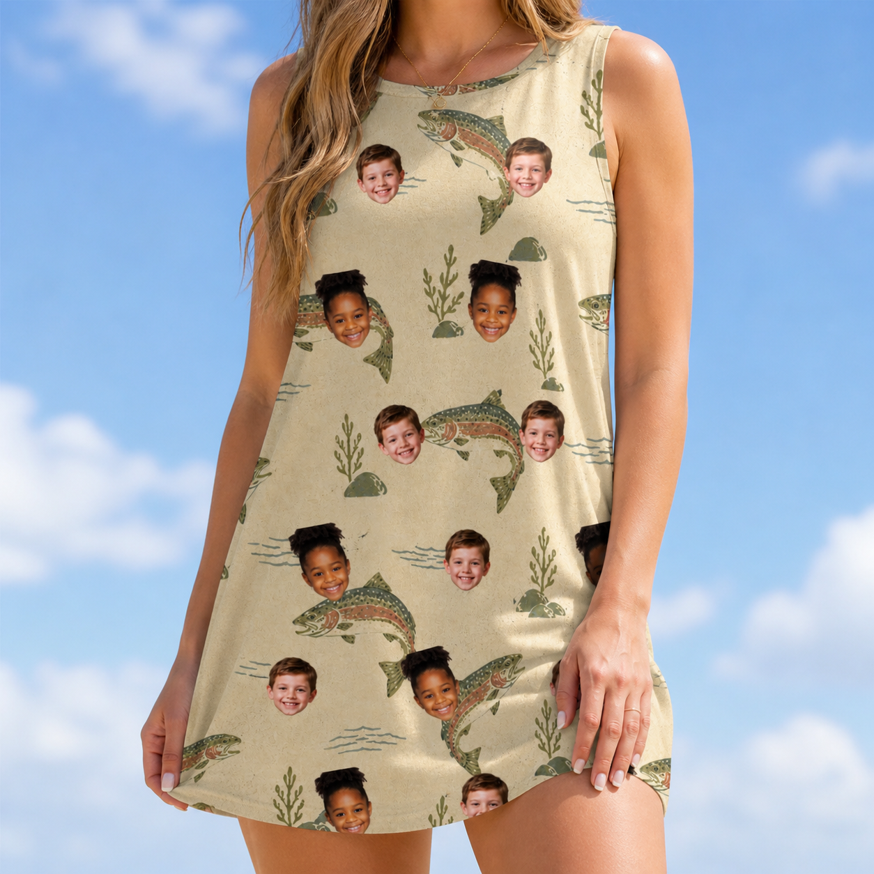 Model wearing Women's Trout About Custom Face Tank Dress printed with kids' faces