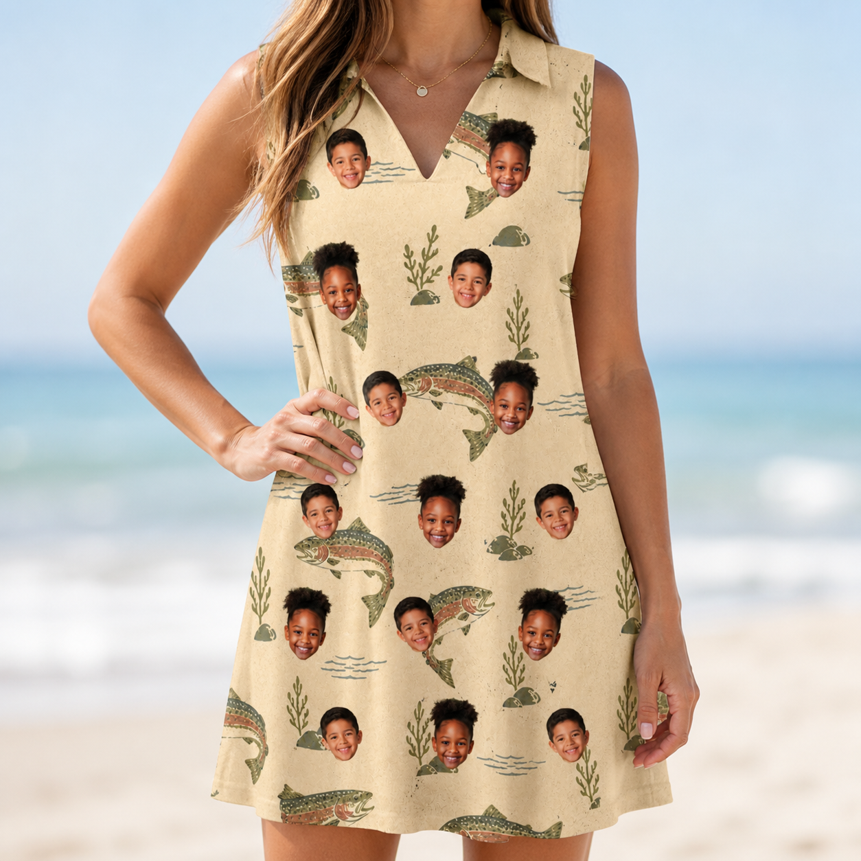 Model wearing Women's Trout About Custom Face V-Neck Dress printed with kids' faces