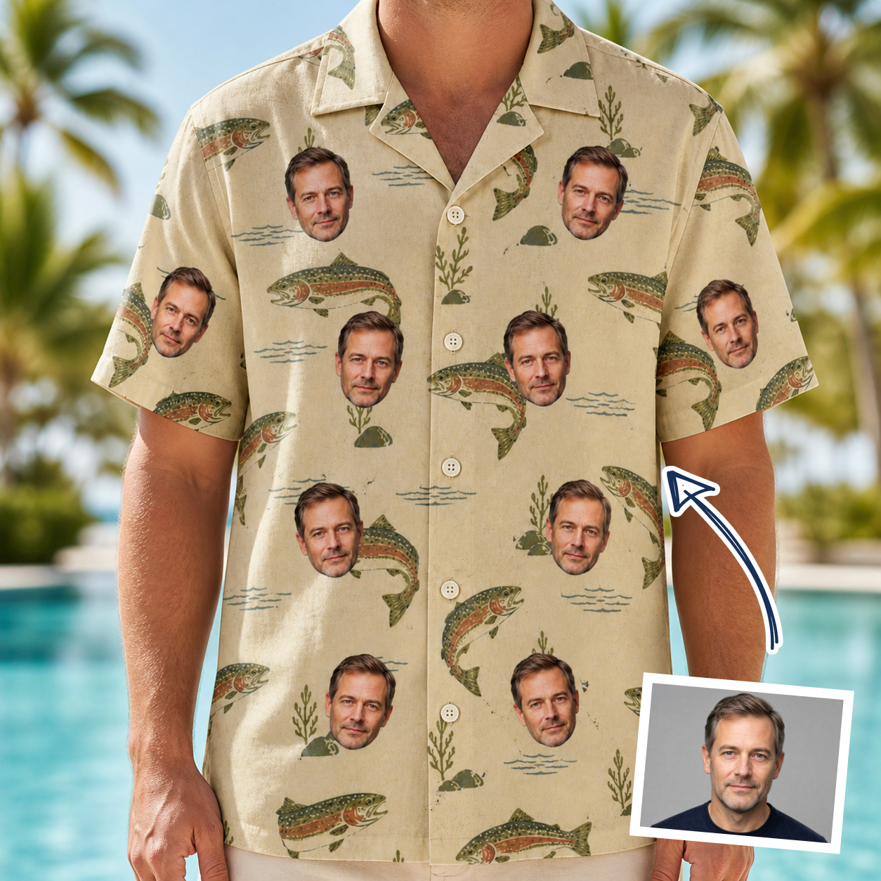 Man wearing Men's Trout About Custom Face Hawaiian Shirt — custom faces printed all-over