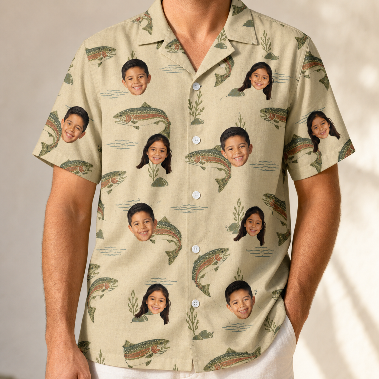 Model wearing Men's Trout About Custom Face Hawaiian Shirt printed with kids' faces