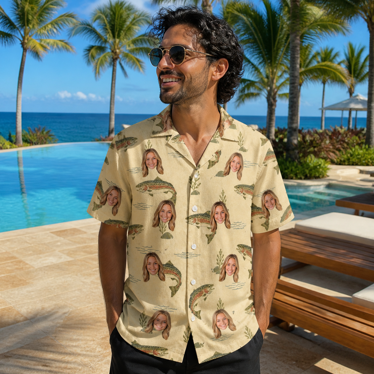 Real-life photo of someone wearing Men's Trout About Custom Face Hawaiian Shirt — custom faces printed all-over