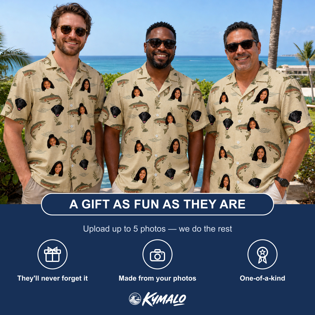 Friends in matching Men's Trout About Custom Face Hawaiian Shirt — a group gift photo