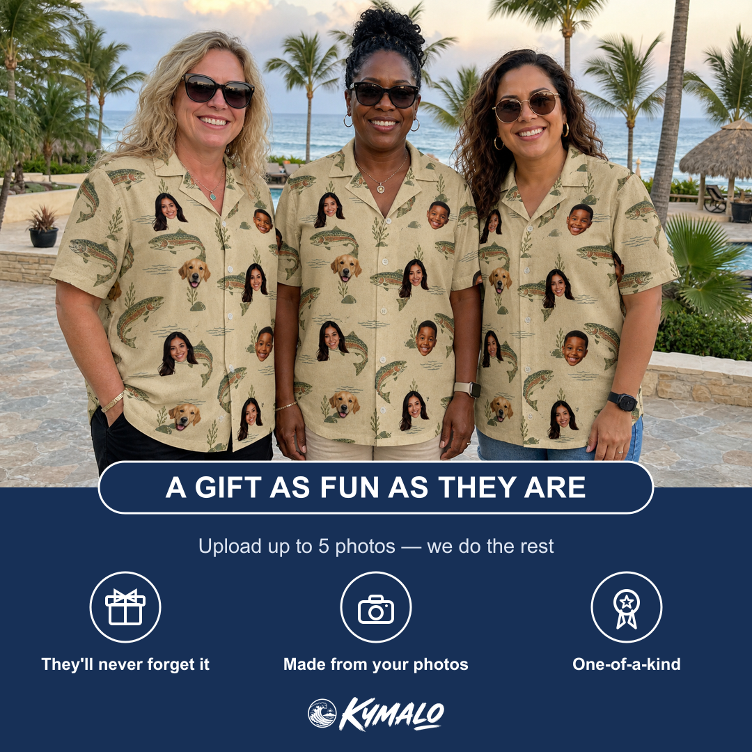 Friends in matching Women's Trout About Custom Face Hawaiian Shirt — a group gift photo