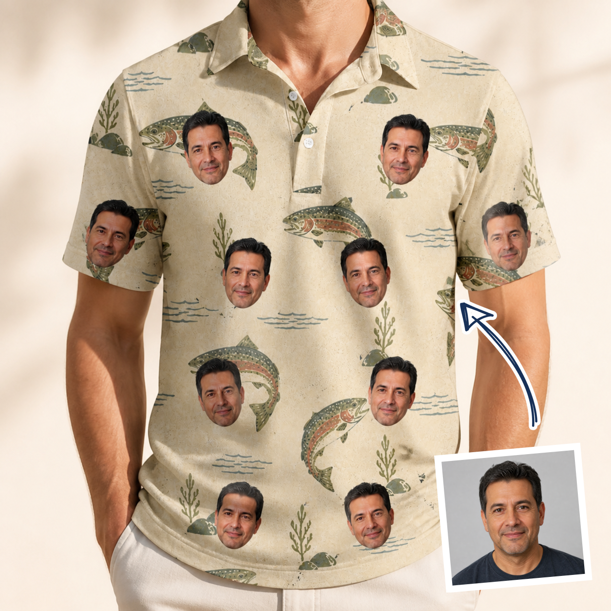 Man wearing Men's Trout About Custom Face Polo Shirt — custom faces printed all-over