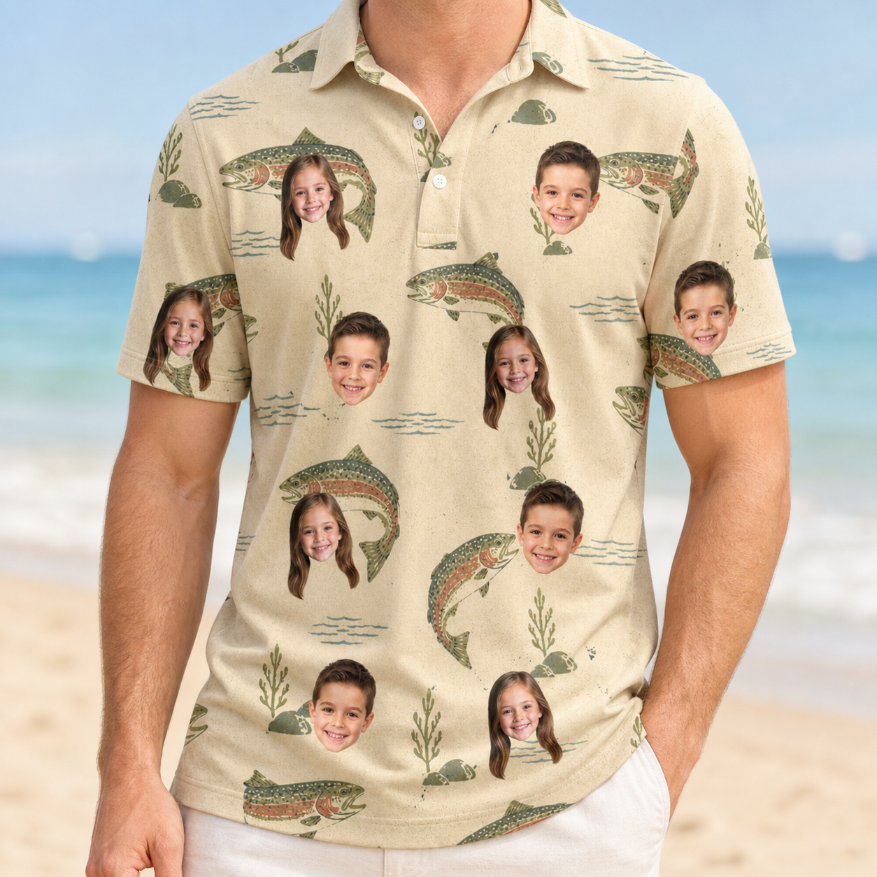 Model wearing Men's Trout About Custom Face Polo Shirt printed with kids' faces