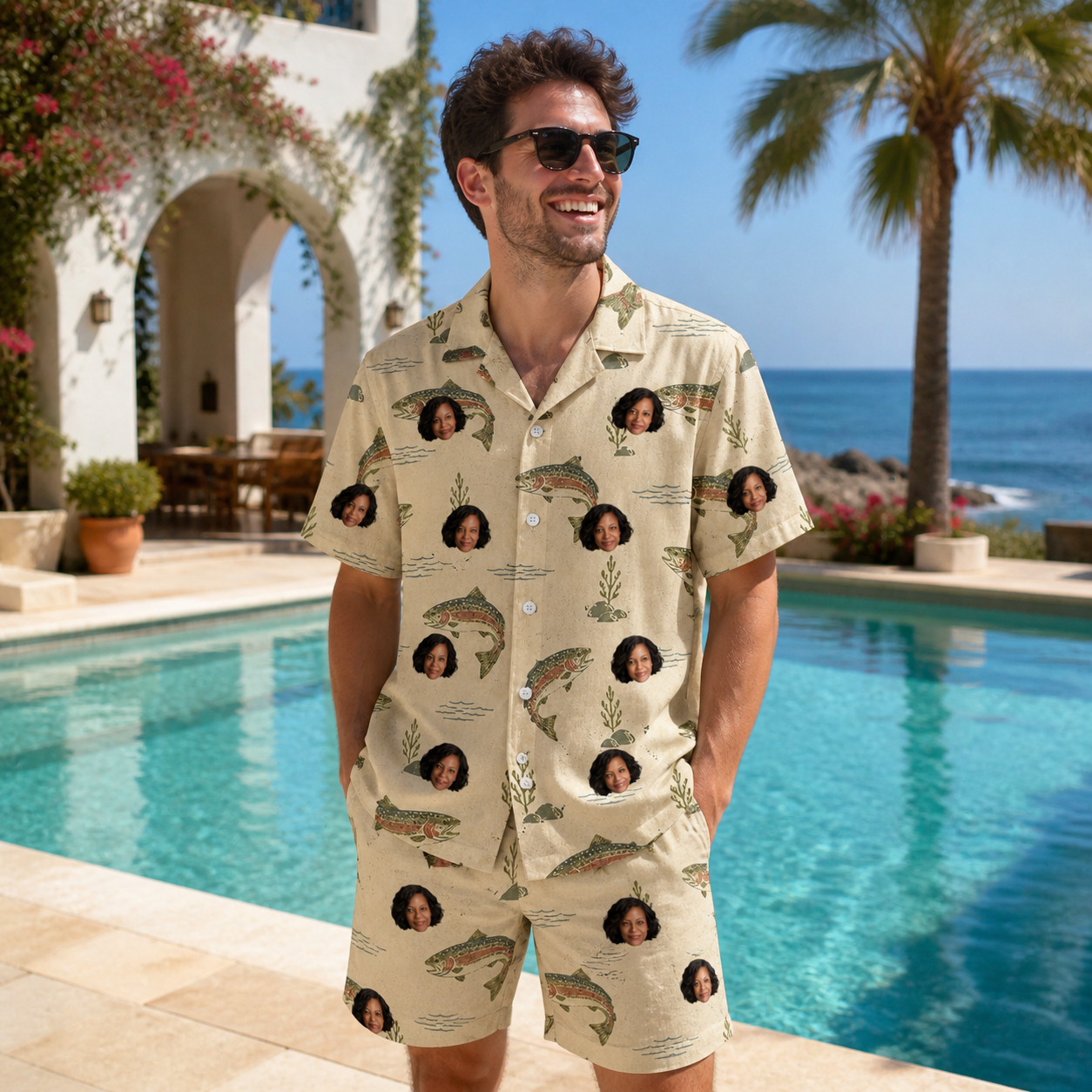 Real-life photo of someone wearing Men's Trout About Custom Face Shirt & Shorts Set — custom faces printed all-over