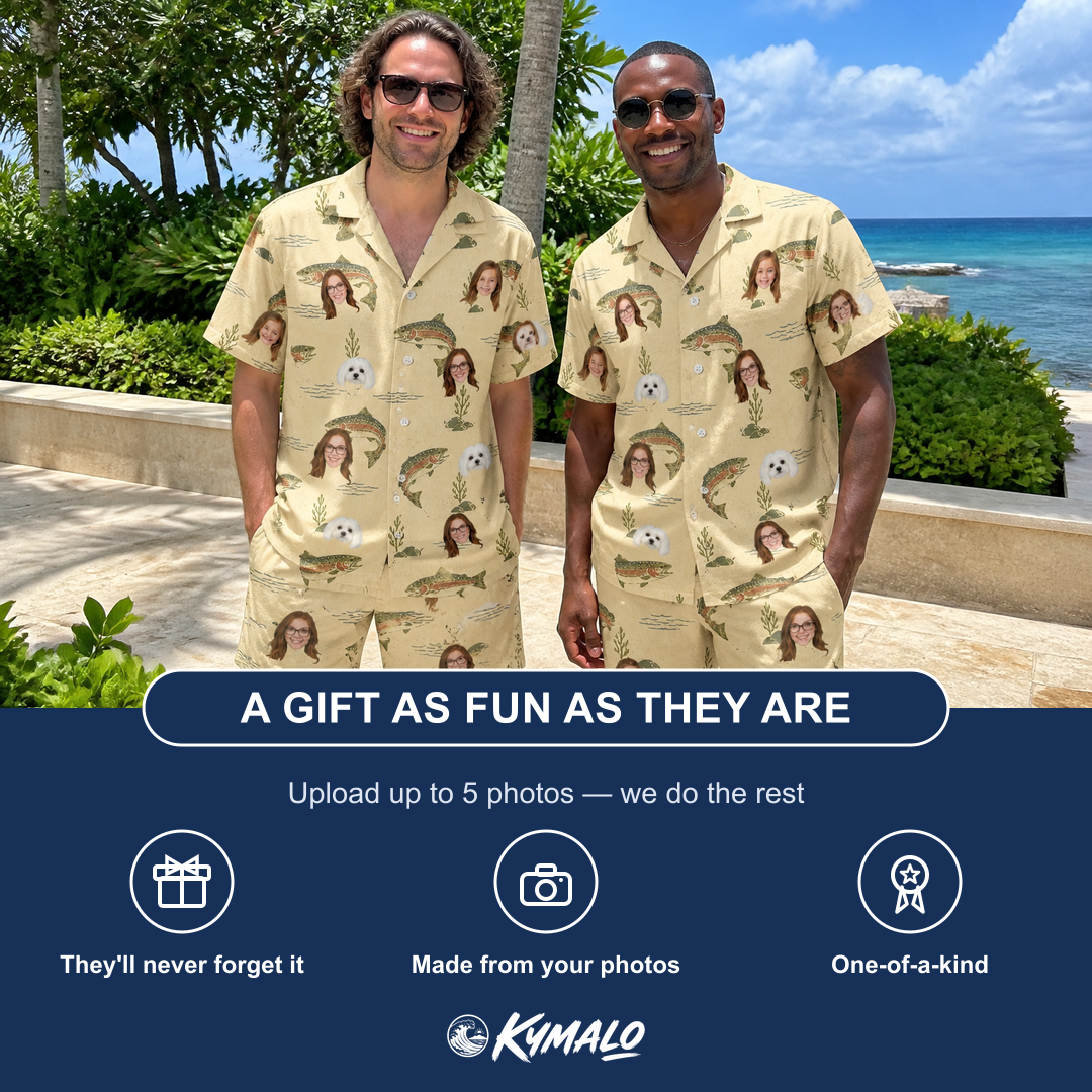 Friends in matching Men's Trout About Custom Face Shirt & Shorts Set — a group gift photo