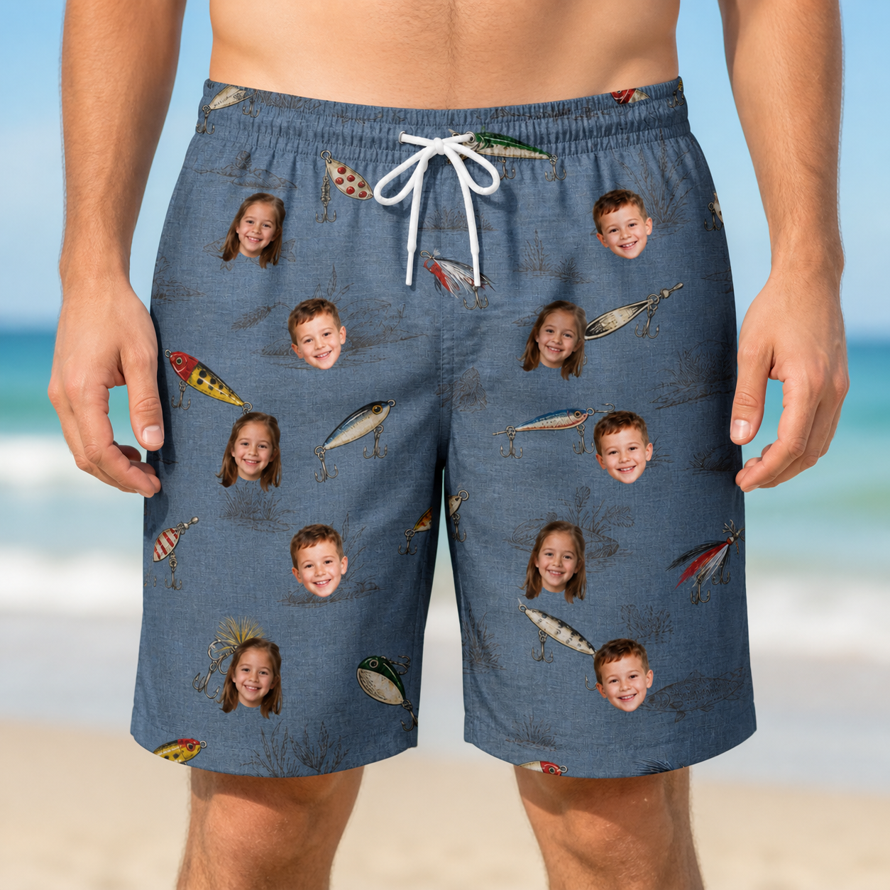 Model wearing Men's Jig Jamboree Custom Face Beach Shorts printed with kids' faces
