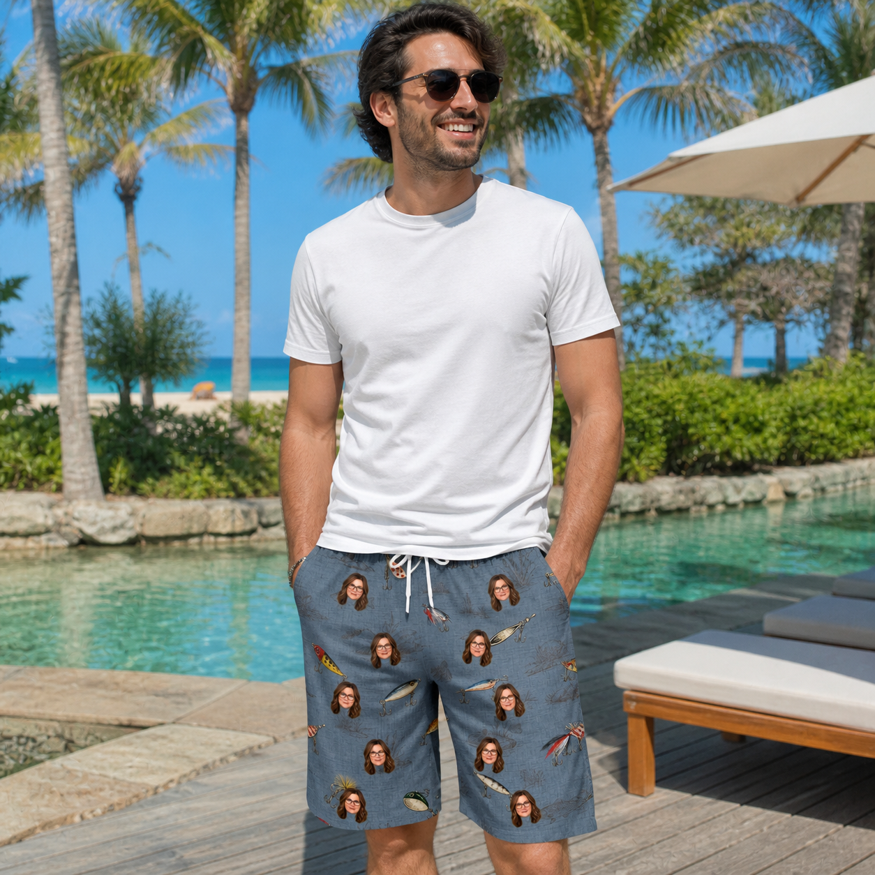 Real-life photo of someone wearing Men's Jig Jamboree Custom Face Beach Shorts — custom faces printed all-over