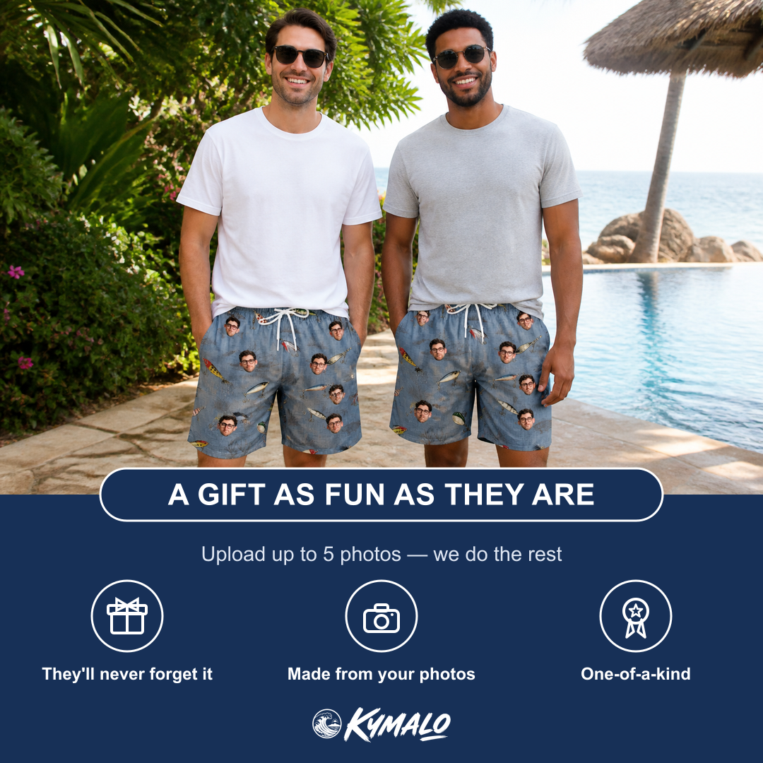 Friends in matching Men's Jig Jamboree Custom Face Beach Shorts — a group gift photo