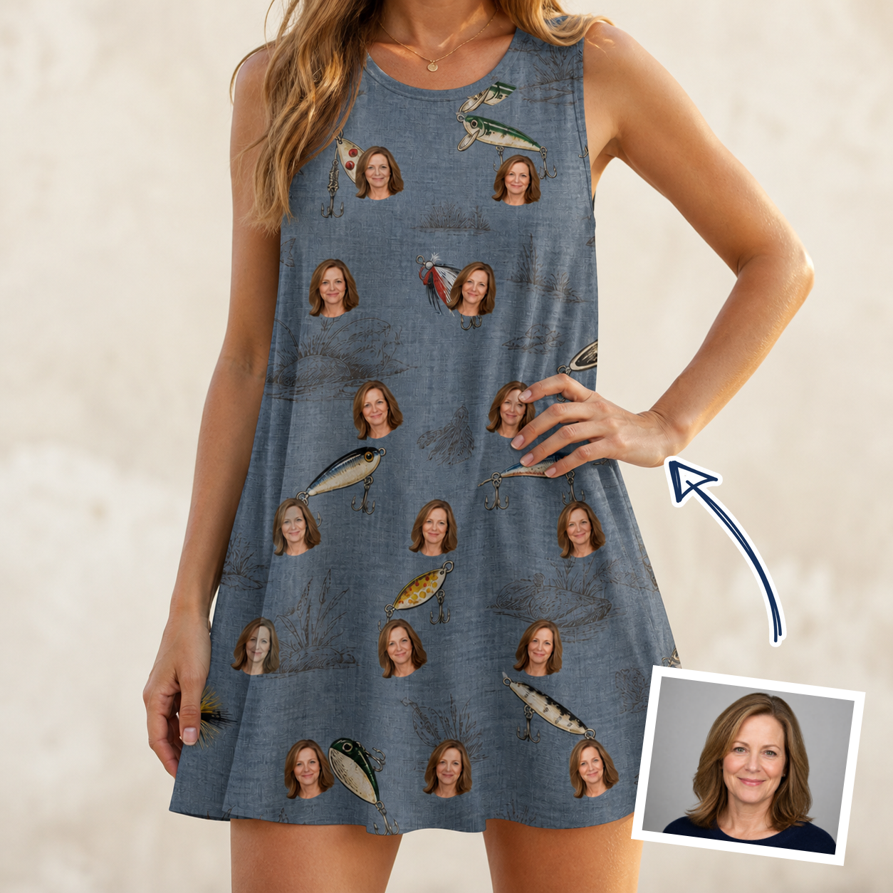 Woman wearing Women's Jig Jamboree Custom Face Tank Dress — custom faces printed all-over