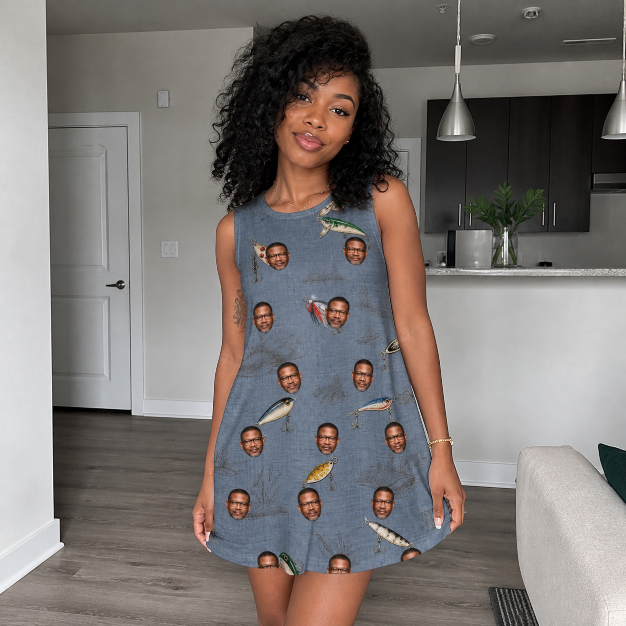 Real-life photo of someone wearing Women's Jig Jamboree Custom Face Tank Dress — custom faces printed all-over