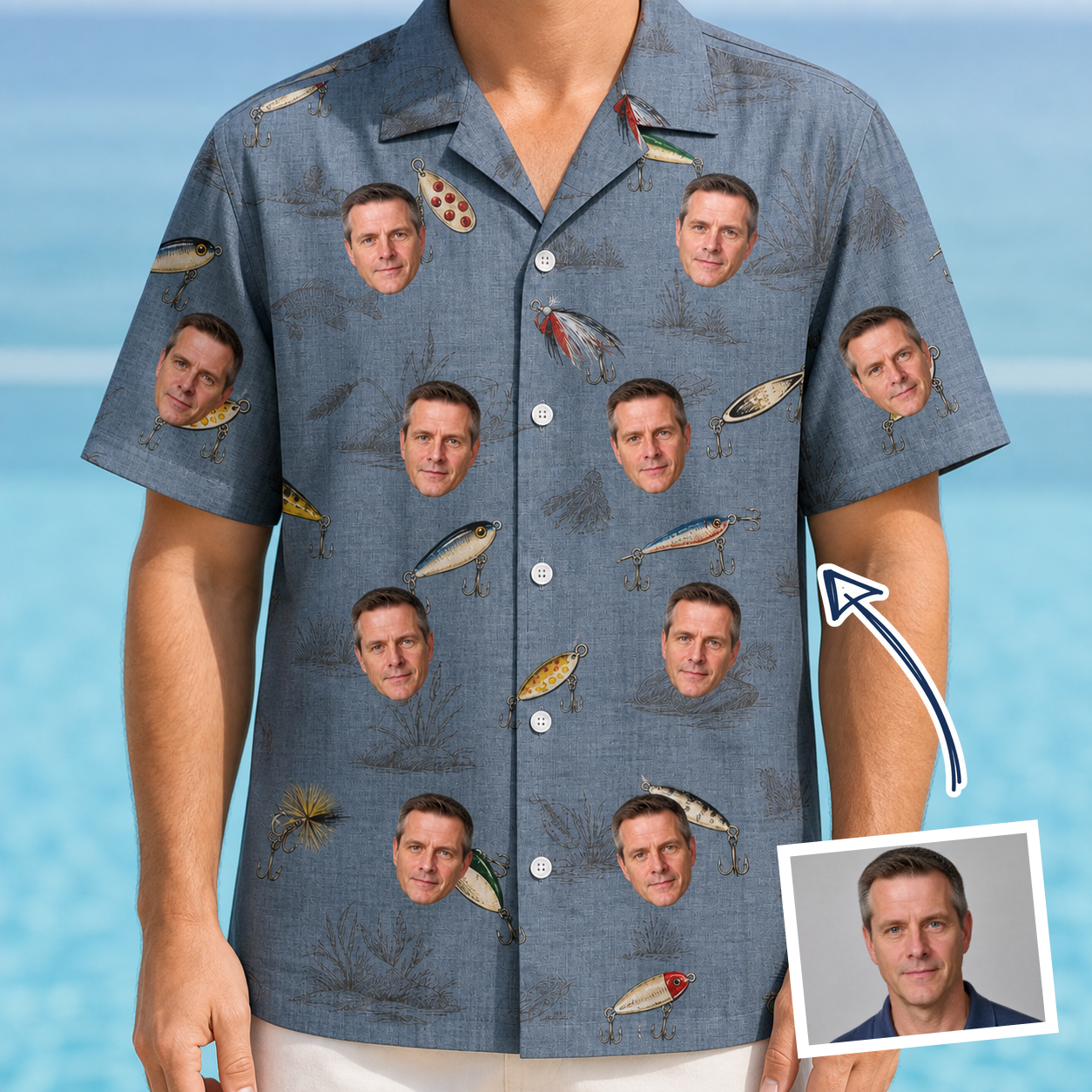 Man wearing Men's Jig Jamboree Custom Face Hawaiian Shirt — custom faces printed all-over
